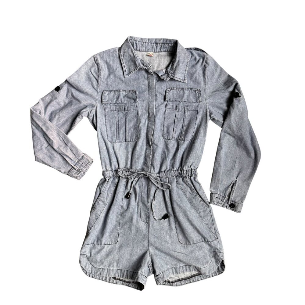 Vtg Denim Long Sleeve Romper Womens XS‎ Button Drawstring Shorts Cowgirl Western